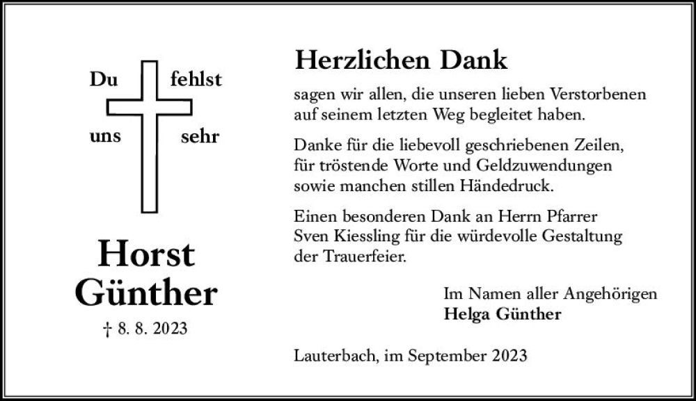  Traueranzeige für Horst Günther vom 16.09.2023 aus Oberhessen Kurier
