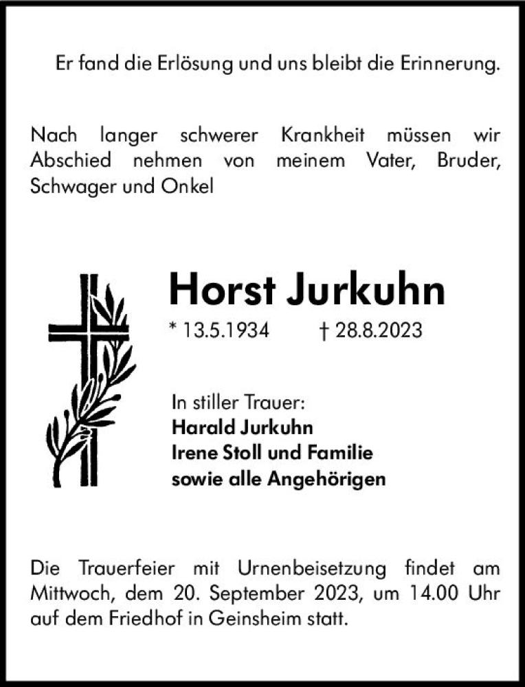  Traueranzeige für Horst Jurkuhn vom 15.09.2023 aus Groß-Gerauer Echo