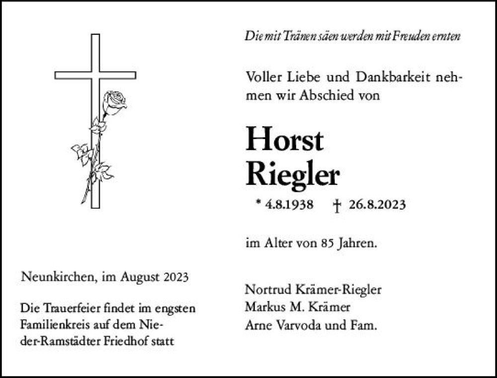  Traueranzeige für Horst Riegler vom 04.09.2023 aus Darmstädter Echo
