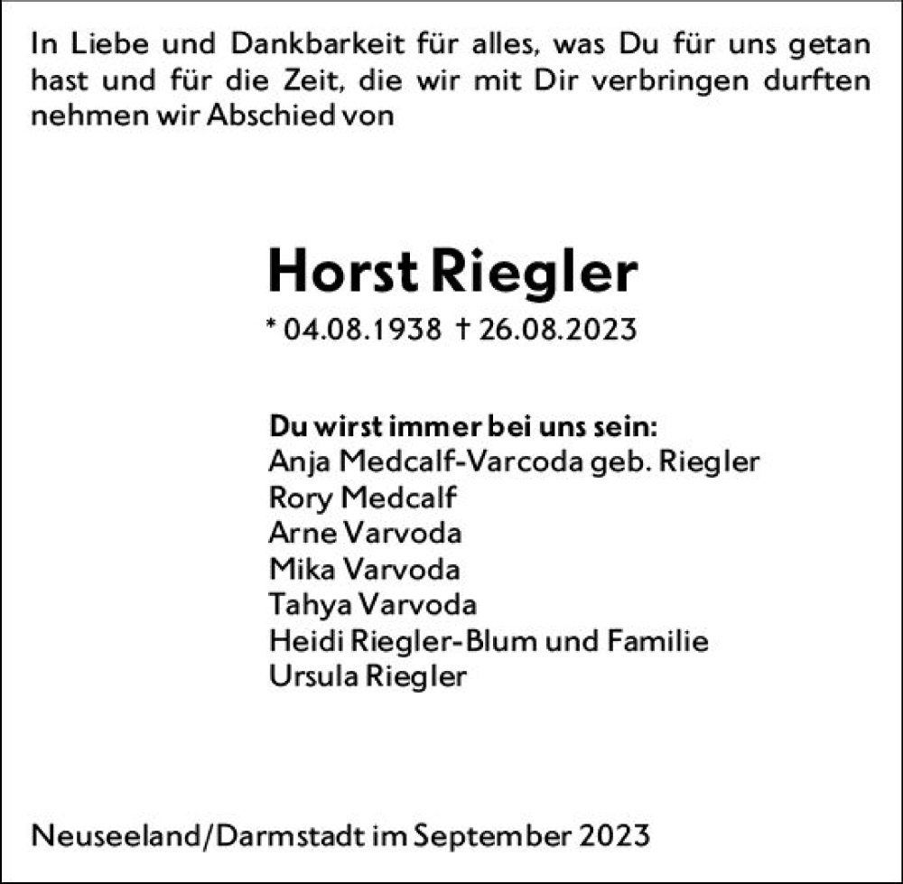  Traueranzeige für Horst Riegler vom 09.09.2023 aus Darmstädter Echo