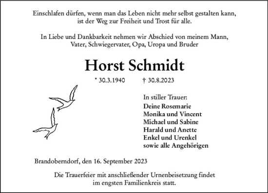 Traueranzeige von Horst Schmidt von Wetzlarer Neue Zeitung