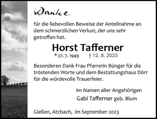 Traueranzeige von Horst Tafferner von Wetzlarer Neue Zeitung