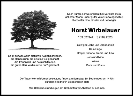 Traueranzeige von Horst Wirbelauer von Weilburger Tageblatt