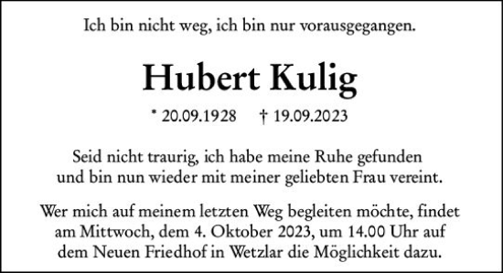 Traueranzeige von Hubert Kulig von Wetzlarer Neue Zeitung