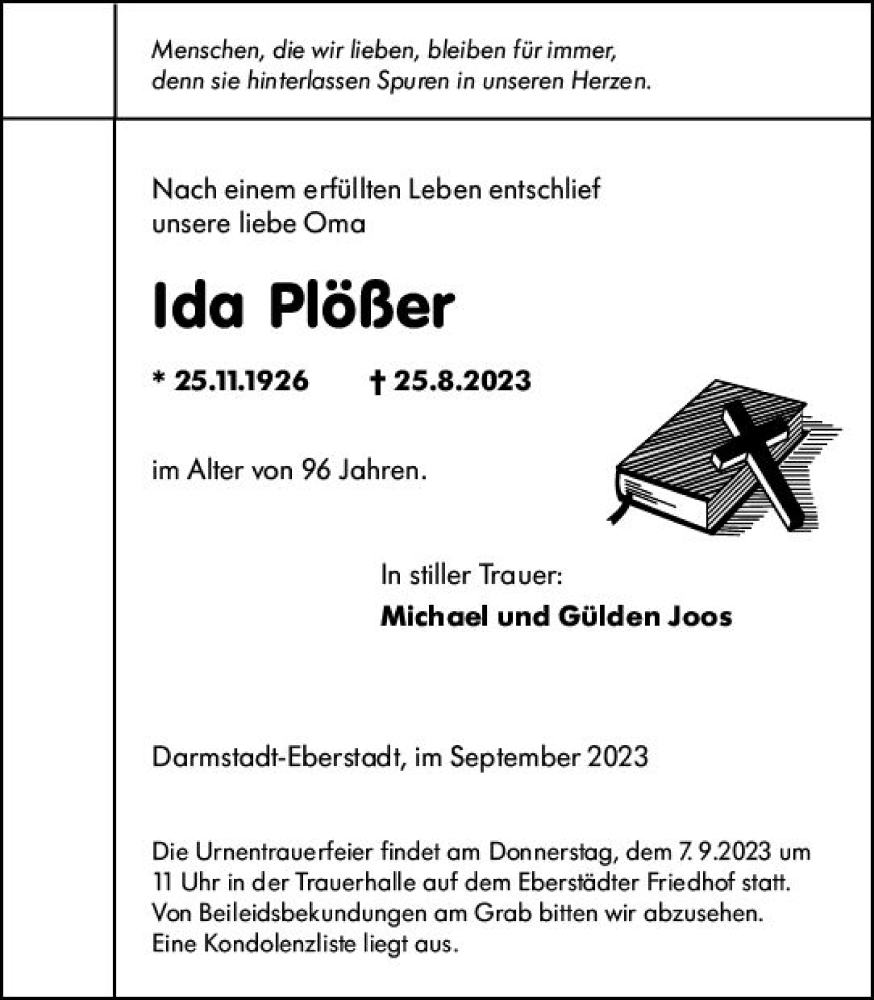  Traueranzeige für Ida Plößer vom 02.09.2023 aus Darmstädter Echo