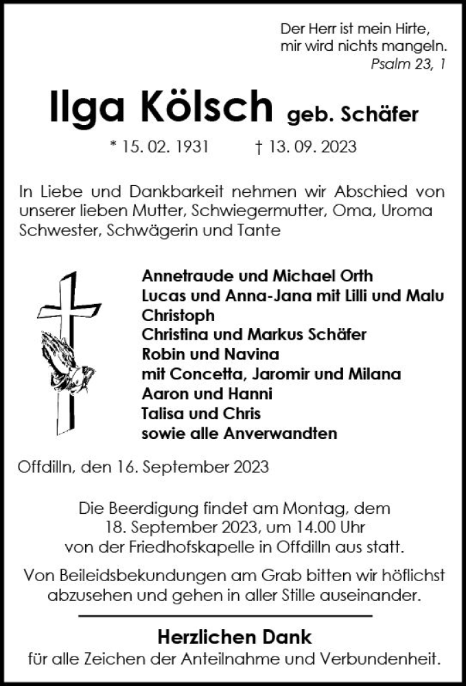  Traueranzeige für Ilga Kölsch vom 16.09.2023 aus Dill Block