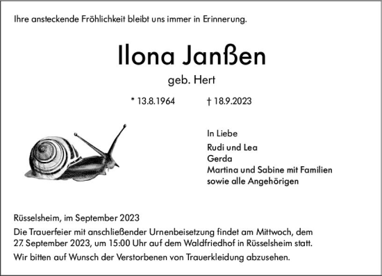 Traueranzeige von Ilona Janßen von Rüsselsheimer Echo