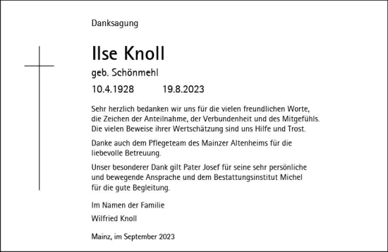 Traueranzeige von Ilse Knoll von Allgemeine Zeitung Mainz