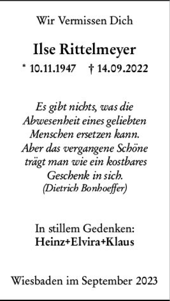  Traueranzeige für Ilse Rittelmeyer vom 16.09.2023 aus Wiesbadener Kurier