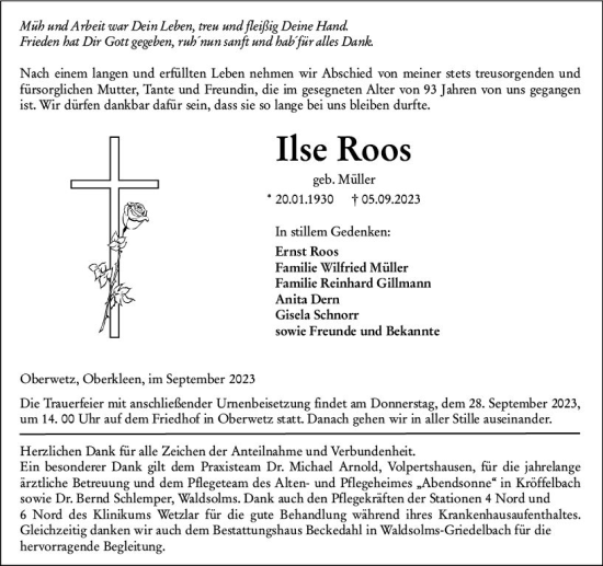 Traueranzeige von Ilse Roos von Wetzlarer Neue Zeitung
