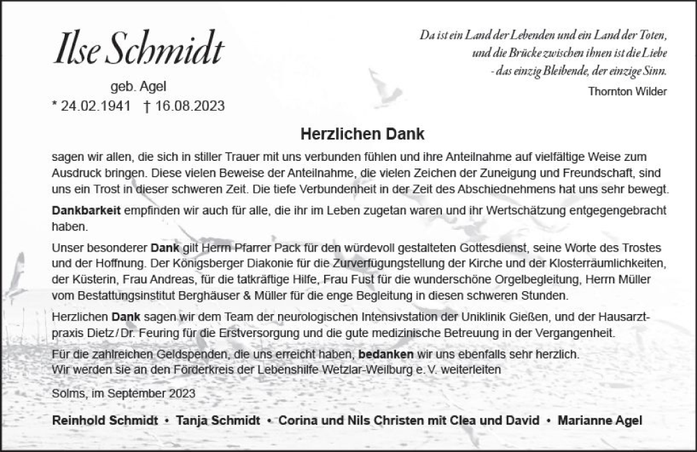  Traueranzeige für Ilse Schmdit vom 23.09.2023 aus Wetzlarer Neue Zeitung