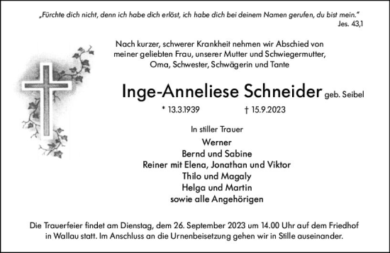 Traueranzeige von Inge-Anneliese Schneider von Hinterländer Anzeiger