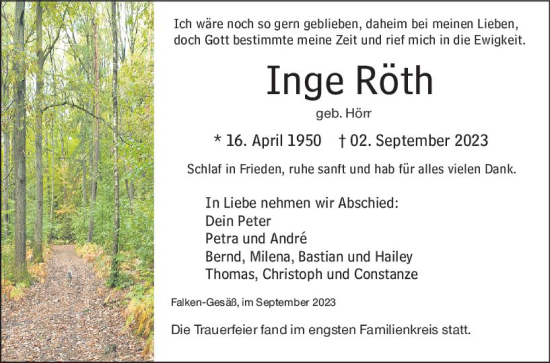 Traueranzeige von Inge Röth von Odenwälder Echo