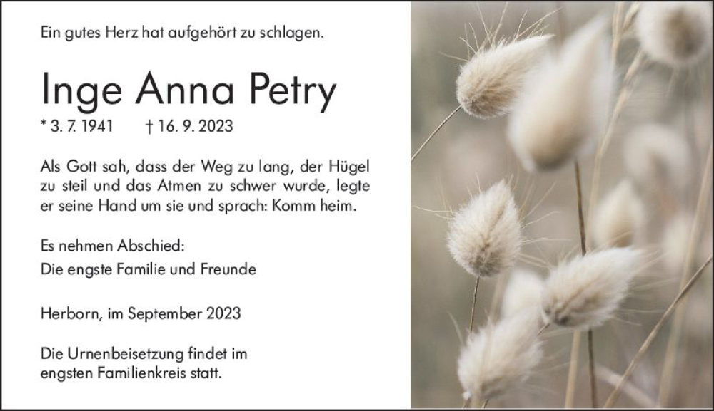 Traueranzeige für Inge Anna Petry vom 30.09.2023 aus Dill Block