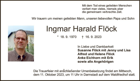 Traueranzeige von Ingmar Harald Flöck von Darmstädter Echo