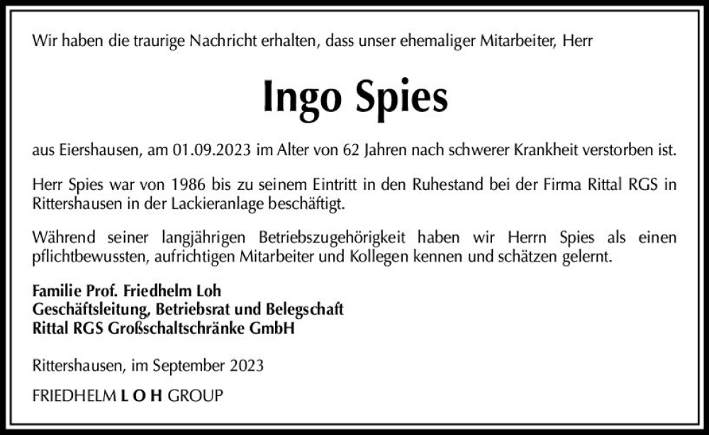  Traueranzeige für Ingo Spies vom 15.09.2023 aus Dill Block