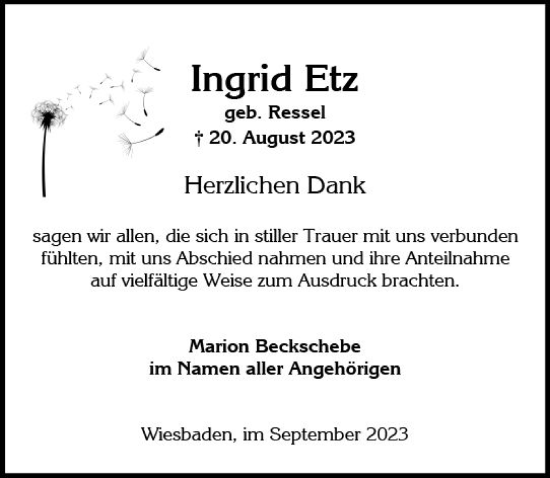 Traueranzeige von Ingrid Etz von Wiesbadener Kurier