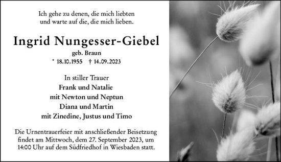 Traueranzeige von Ingrid Nungesser-Giebel von Wiesbadener Kurier