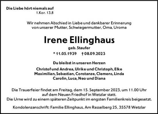Traueranzeige von Irene Ellinghaus von Wetzlarer Neue Zeitung
