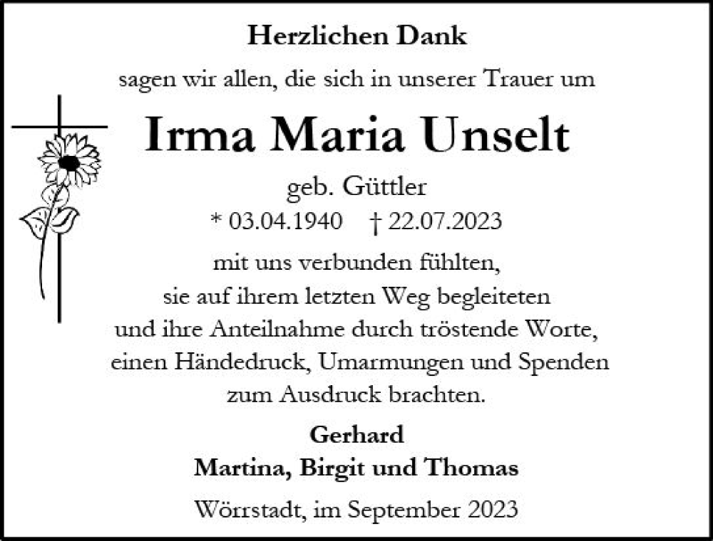  Traueranzeige für Irma Maria Unselt vom 23.09.2023 aus Allgemeine Zeitung Alzey
