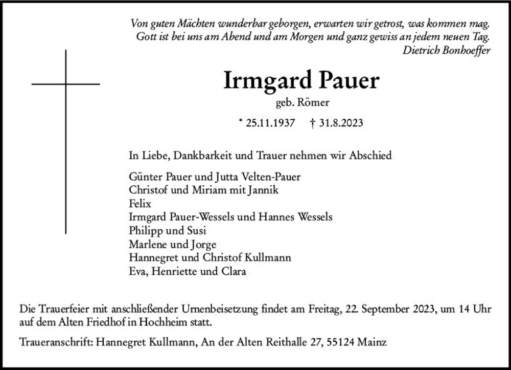  Traueranzeige für Irmgard Pauer vom 15.09.2023 aus Hochheimer Zeitung