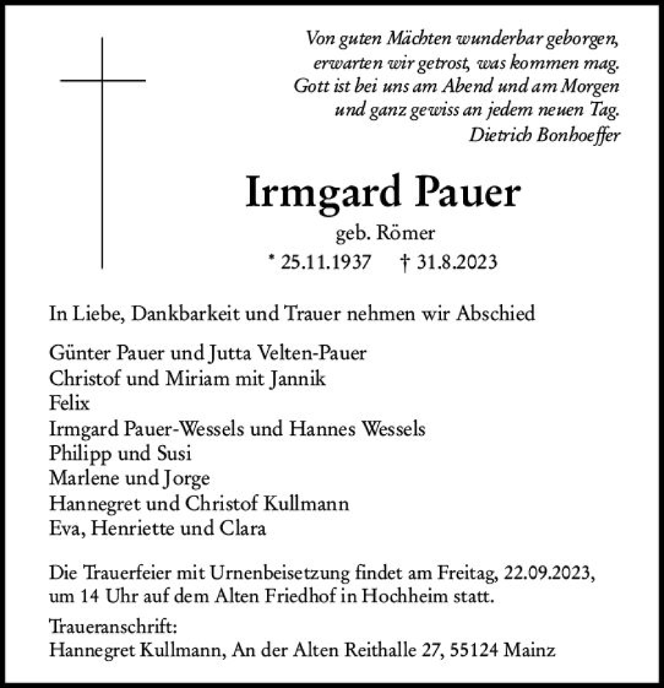  Traueranzeige für Irmgard Pauer vom 16.09.2023 aus Allgemeine Zeitung Mainz