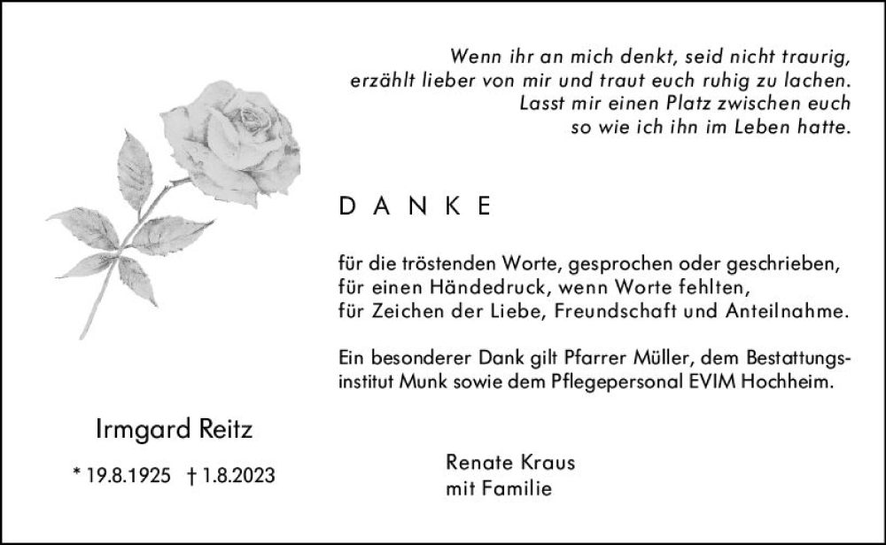  Traueranzeige für Irmgard Reitz vom 08.09.2023 aus Hochheimer Zeitung