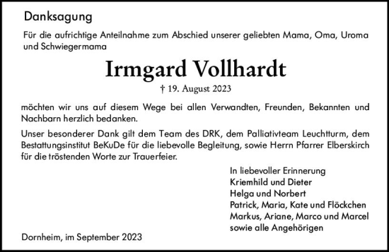 Traueranzeige von Irmgard Vollhardt von Groß-Gerauer Echo