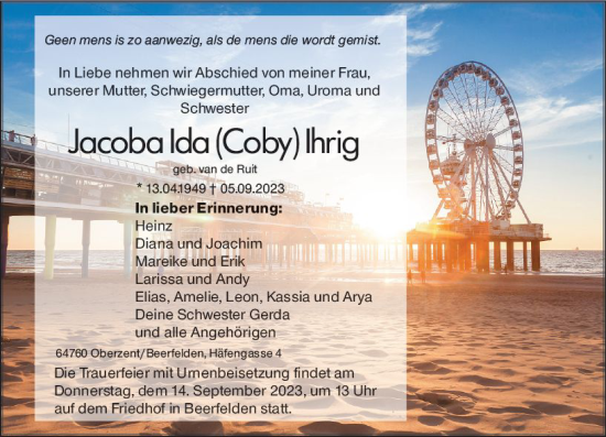 Traueranzeige von Jacoba Ida Ihrig von Odenwälder Echo