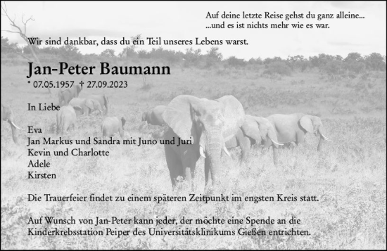 Traueranzeige von Jan-Peter Baumann von Wetzlarer Neue Zeitung