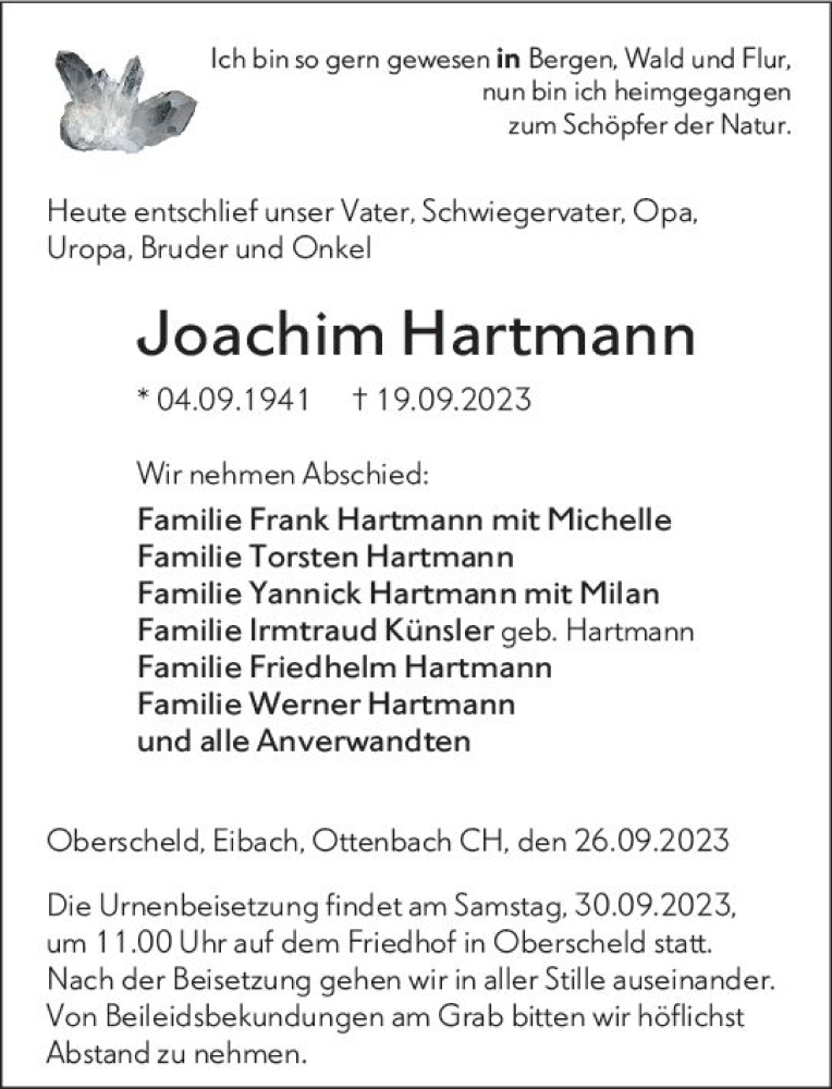  Traueranzeige für Joachim Hartmann vom 26.09.2023 aus Dill Block
