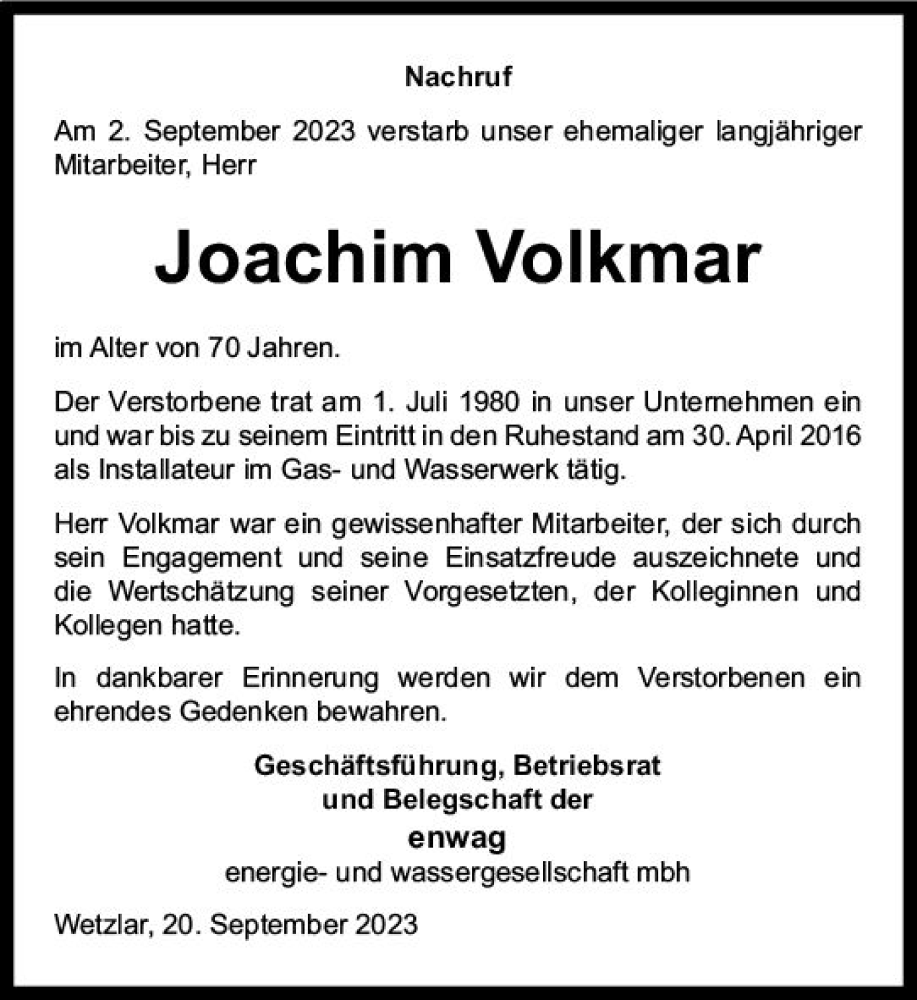  Traueranzeige für Joachim Volkmar vom 20.09.2023 aus Wetzlarer Neue Zeitung