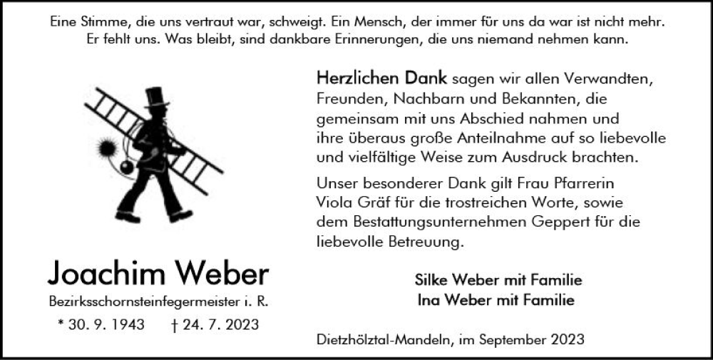 Traueranzeige für Joachim Weber vom 23.09.2023 aus Dill Block