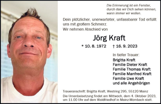 Traueranzeige von Jörg Kraft von Allgemeine Zeitung Mainz
