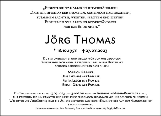 Traueranzeige von Jörg Thomas von Darmstädter Echo