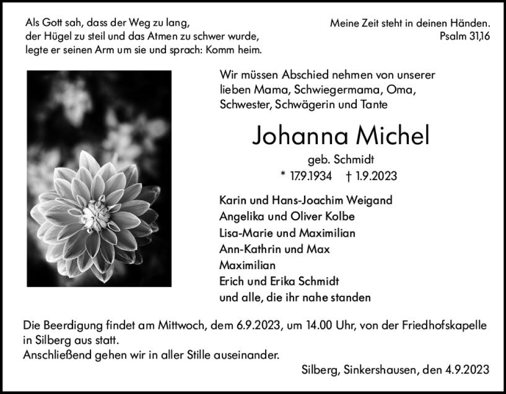  Traueranzeige für Johanna Michel vom 04.09.2023 aus Hinterländer Anzeiger