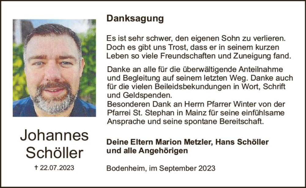  Traueranzeige für Johannes Schöller vom 09.09.2023 aus Allgemeine Zeitung Mainz