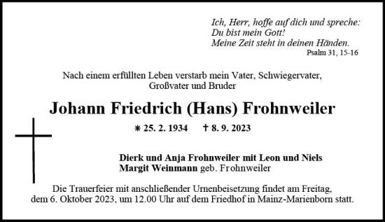 Traueranzeige von Johann Friedrich Frohnweiler von Allgemeine Zeitung Mainz