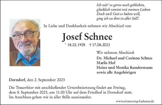 Traueranzeige von Josef Schnee von Nassauische Neue Presse