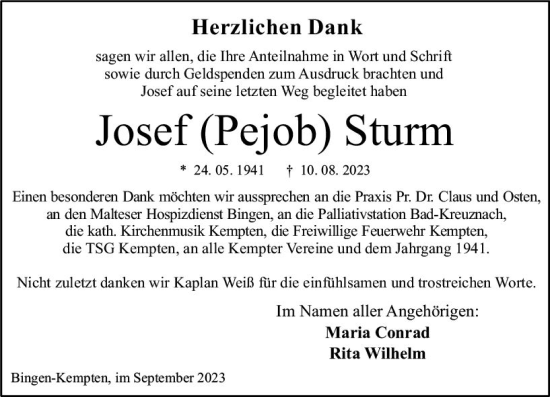 Traueranzeige von Josef Sturm von Allgemeine Zeitung Bingen/Ingelheim