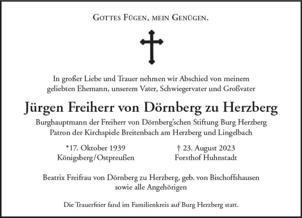  Traueranzeige für Jürgen Freiherr von Dörnberg zu Herzberg vom 16.09.2023 aus VRM Trauer