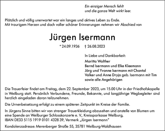 Traueranzeige von Jürgen Isermann von Weilburger Tageblatt