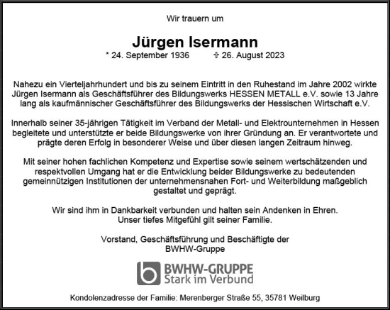 Traueranzeige von Jürgen Isermann von Weilburger Tageblatt