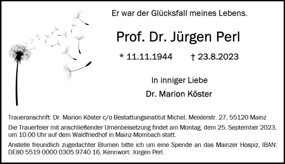  Traueranzeige für Jürgen Perl vom 16.09.2023 aus Allgemeine Zeitung Mainz