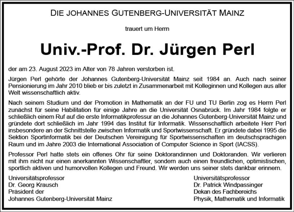  Traueranzeige für Jürgen Perl vom 25.09.2023 aus Allgemeine Zeitung Mainz