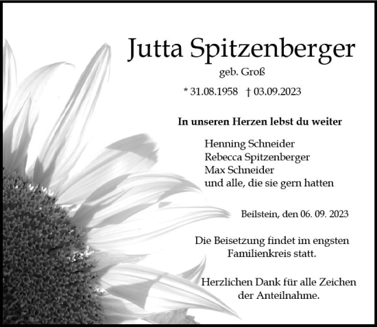 Traueranzeige von Jutta Spitzenberger von Dill Block