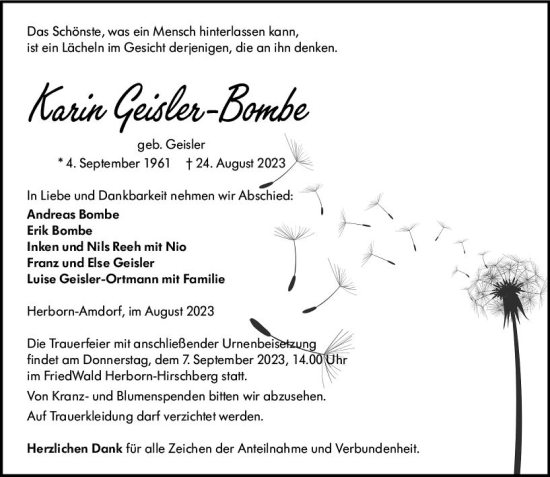 Traueranzeige von Karin Geisler-Bombe von Dill Block
