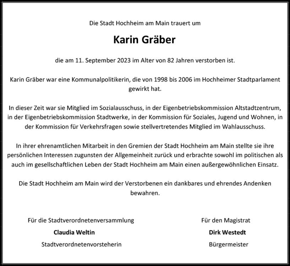  Traueranzeige für Karin Gräber vom 22.09.2023 aus Hochheimer Zeitung