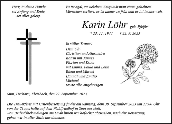 Traueranzeige von Karin Löhr von Dill Block