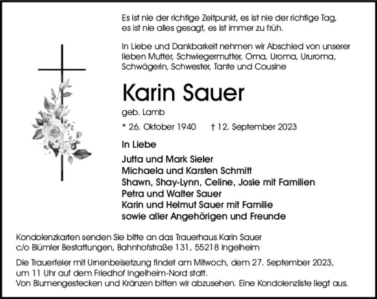 Traueranzeige von Karin Sauer von Allgemeine Zeitung Bingen/Ingelheim